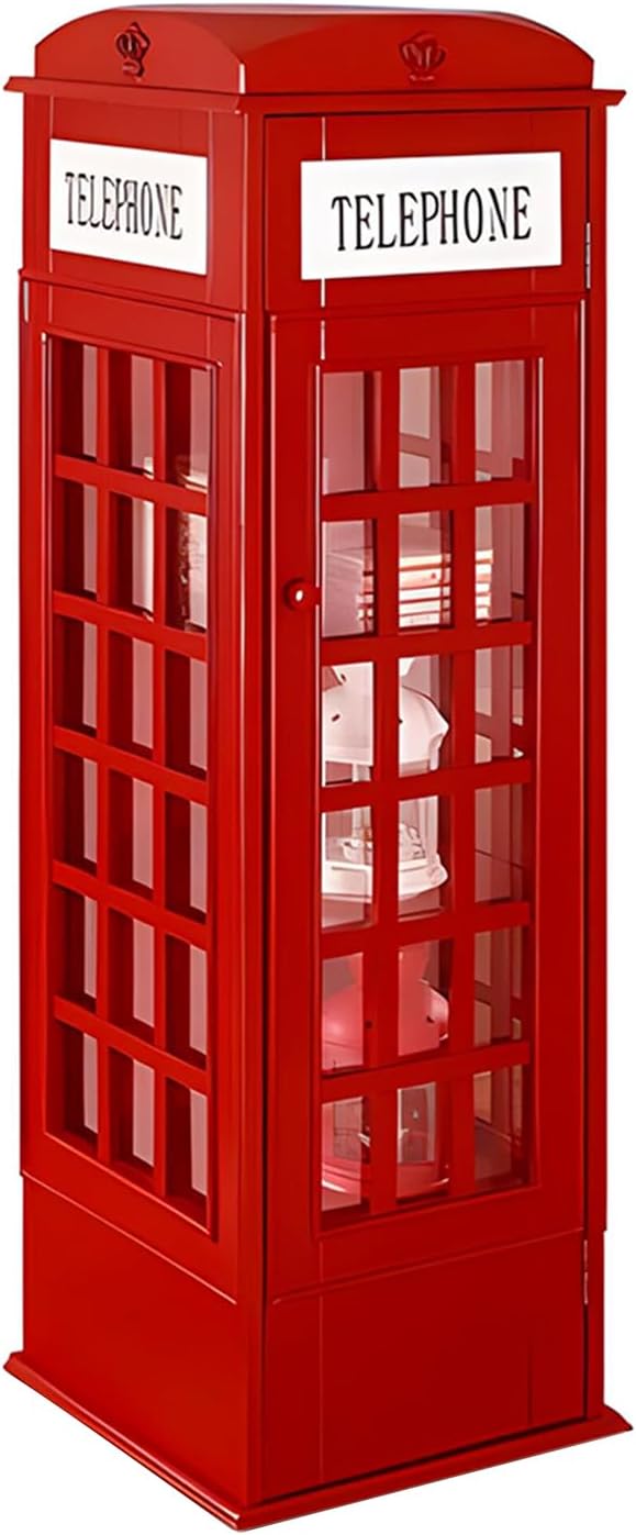 RBCJFSH Red Telephone Booth Bookshelf, Freestanding London Wooden Bookcase, 5-Tier Toy CD Small Storage Cabinet with Door, 44.5