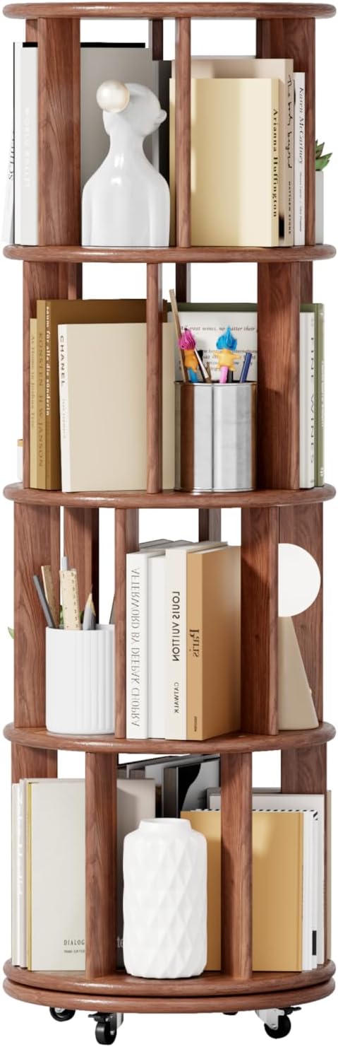 ROCKRAIN Rotating Bookshelf 4 Tier on Wheels: 100% Natural Rubber Wood Round Revolving Bookcase - 360° Spinning Bookshelf for Montessori Kids Reading Corner & Small Space Bedroom