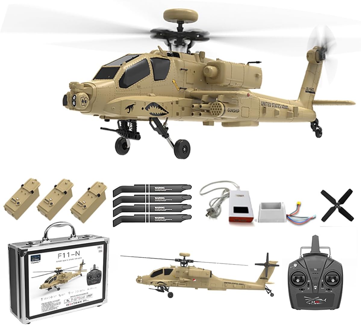 1/32 RC F11-N AH64 Helicopter, 2.4G 6CH Dual Rotor Military Aircraft, 6G/3D Flight with Optical Flow Altitude Hold, Desert Yellow Apachhe Helicopter