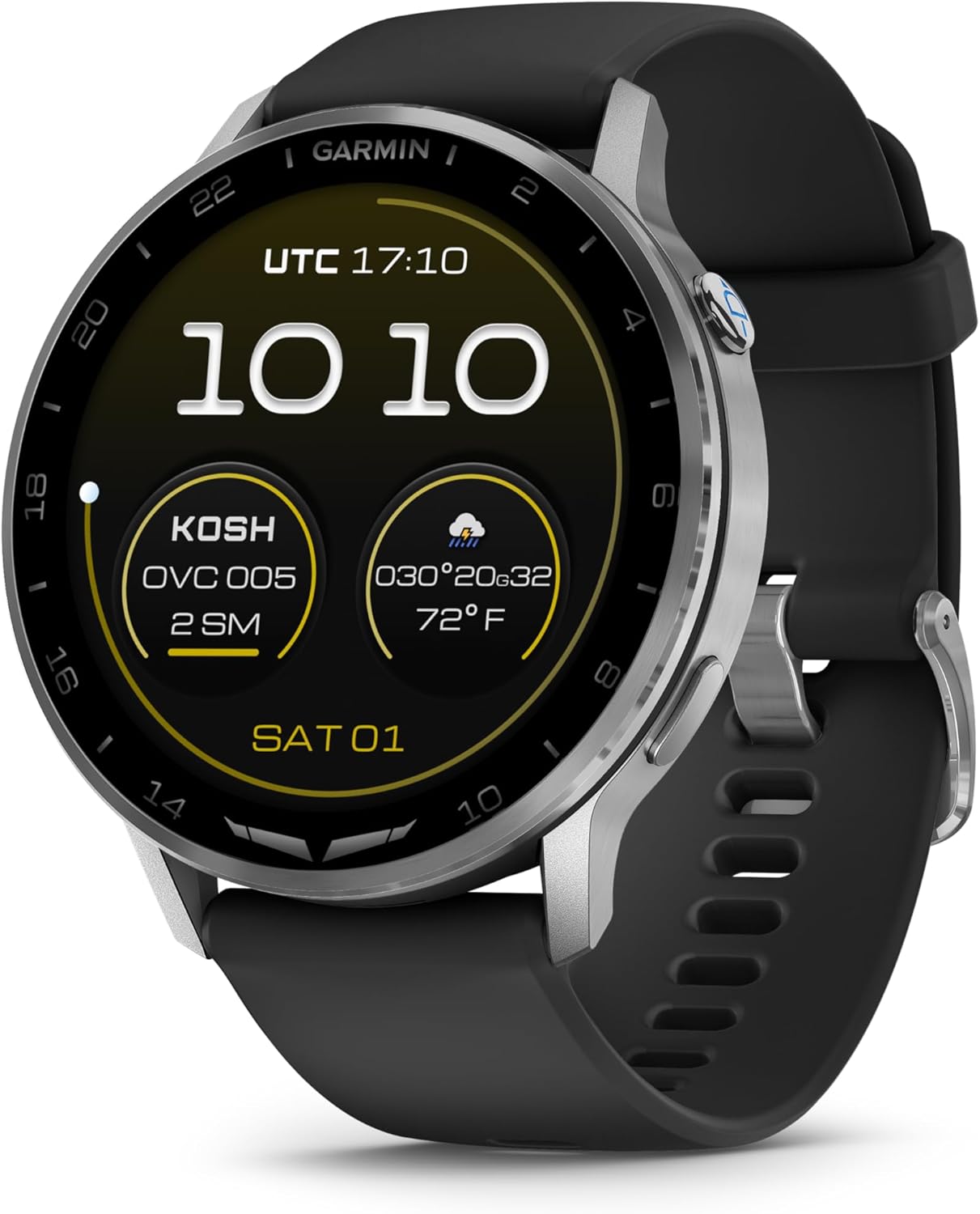 Garmin D2™ Air X15, Versatile Aviator Smartwatch with GPS, LED Flashlight, Health and Fitness Features, Aviation Weather, Built-in Microphone/Speaker, Silver with Black Silicone Band