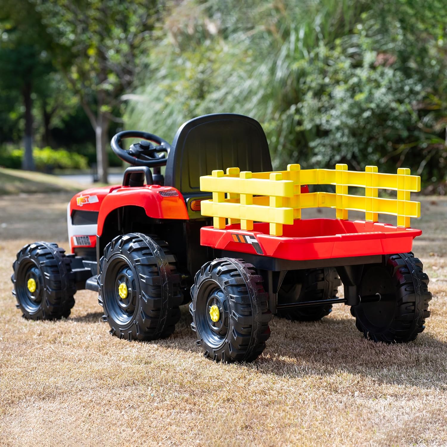 24V Powered Ride On Tractor with Trailer, 6-Wheel Electric Farm Vehicle, 2x200W Motors, Remote Control, Bluetooth Music, LED Lights, 3-Speed, Gift for Boys Girls, Red