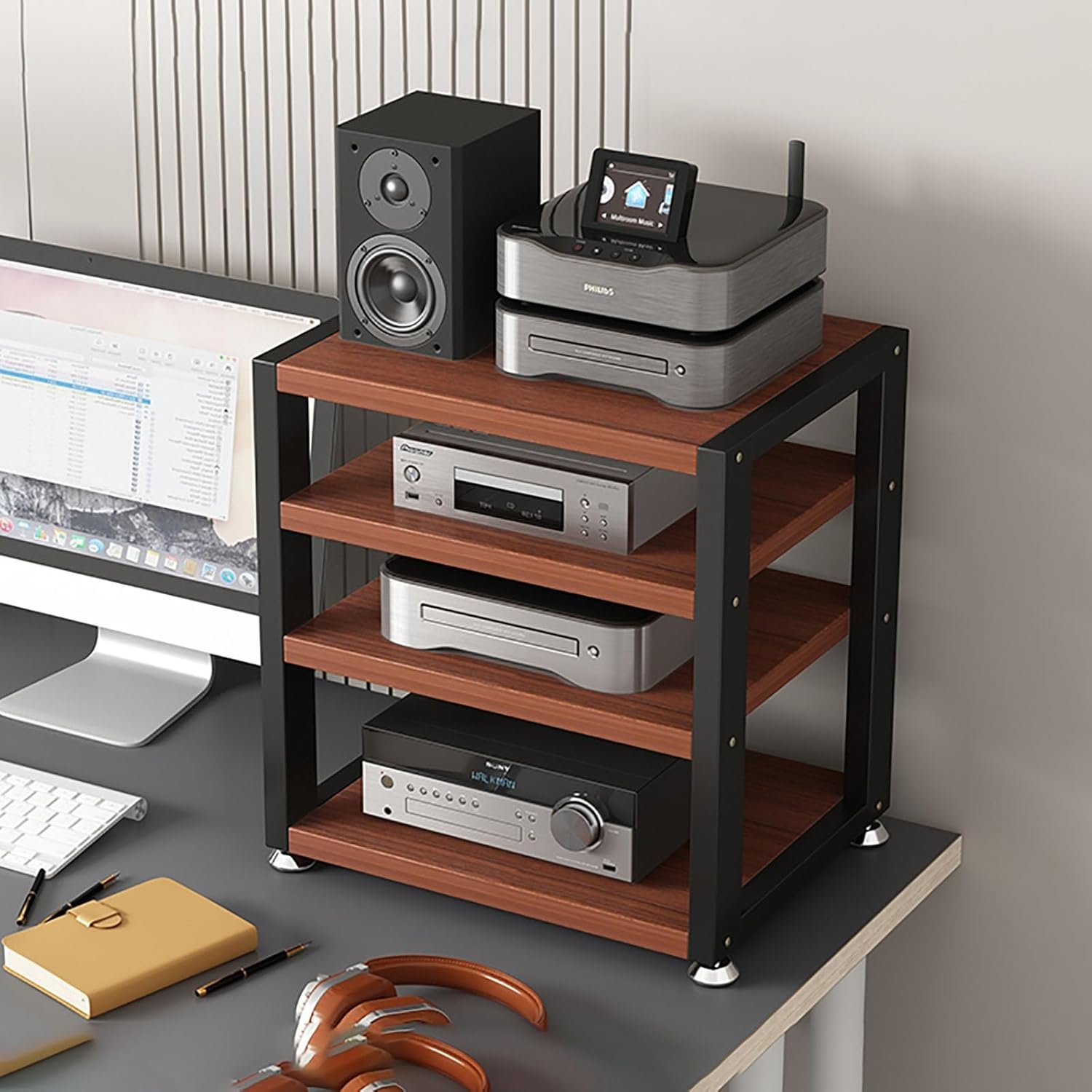 Mahogany Audio Rack AV Media Stand with Storage Shelves - Portable Stereo Stand - 40x35x48cm for Living