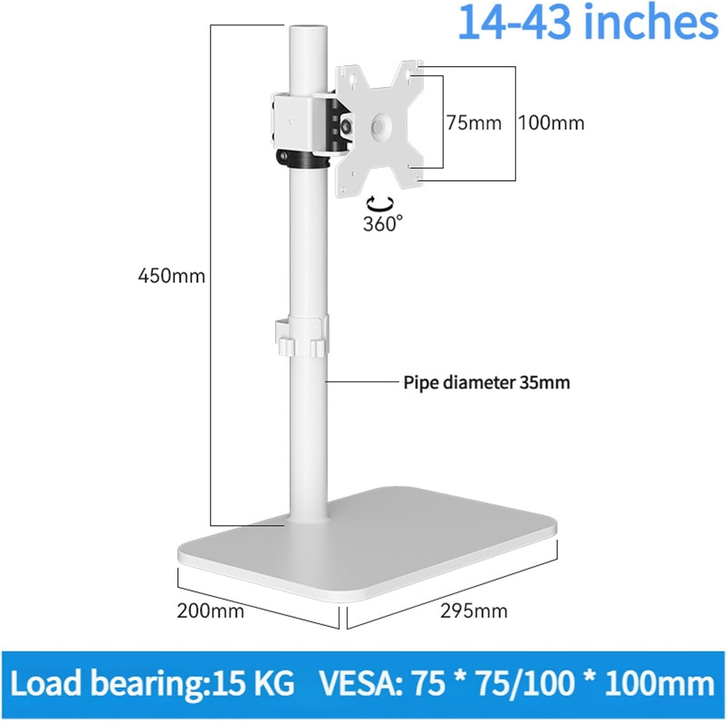 Single Monitor Arm with Base Monitor Monitor Stand Type Height Rotation Adjustable White 14~43 Inch Up to 15KG Support Monitor
