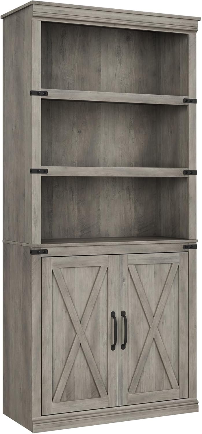 Loumernhant Farmhouse Bookshelves and Bookcases with Doors,Floor Standing 5 Tiers Display Storage Shelves,68.7 in Tall Bookcase for Living Room,Home Office,Gray