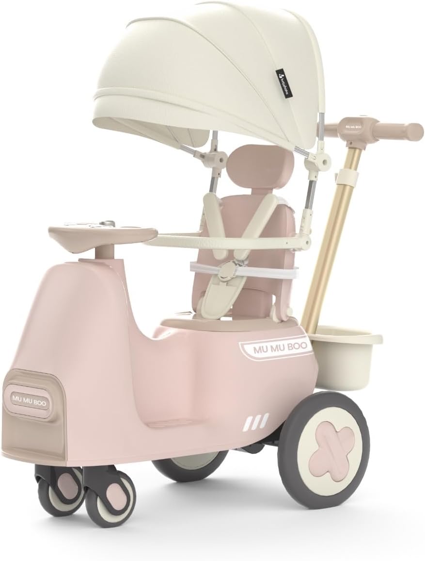 3-in-1 Push Ride-On Car Stroller with Automatic Rocking | Innovative Baby & Toddler Solution - No Batteries, No Charging, Just Push & Rock (Pink)