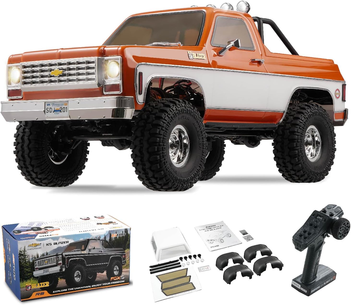 FCX10 FMS 1/10 K5 RC Crawler Chevy Blazer Officially Licensed, RC Pick Up Truck & SUV, Remote Control Car with Two-Speed Switch for Adults (Orange)