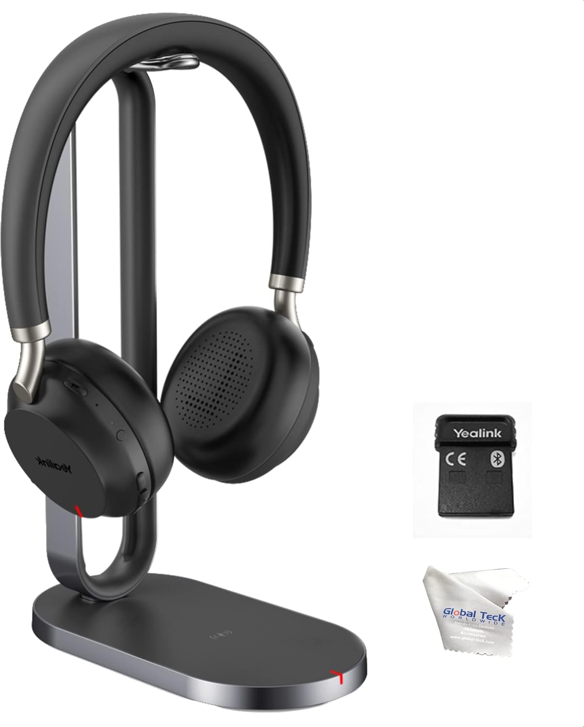 Yealink BH72 Bluetooth Headset Teams with Charging Stand, USB-A (Black) - GTW Bundle Yealink Wireless Headset with Global Teck Microfiber Cloth - Compatible for Office and Home Use