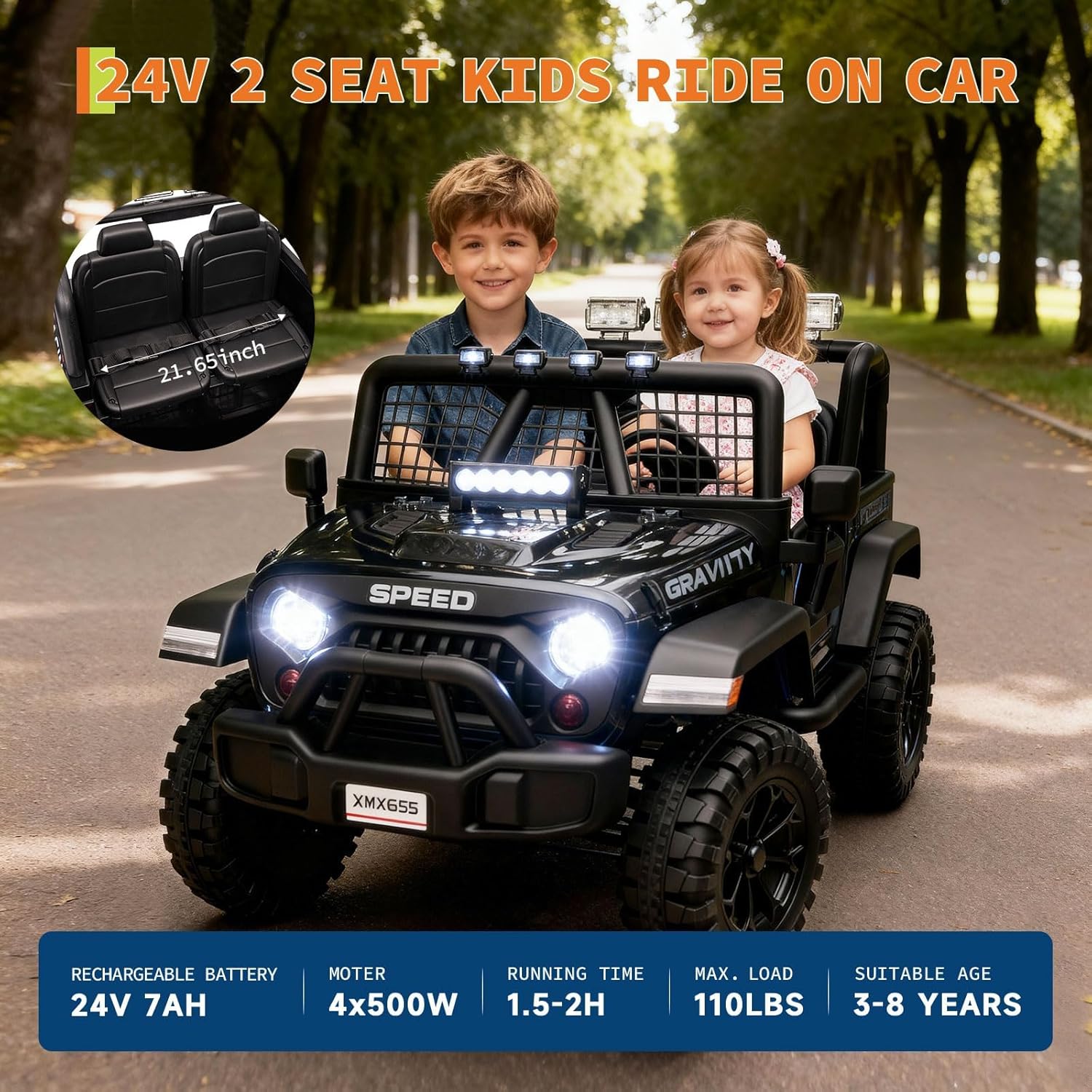 24V Ride on Car for Kids, 2 Seater Electric Truck with Parent Remote Control, Spring Suspension, 2 Speeds, LED Headlight & Music Player, Kids Electric Vehicle for Aged 3-8 Years, Black