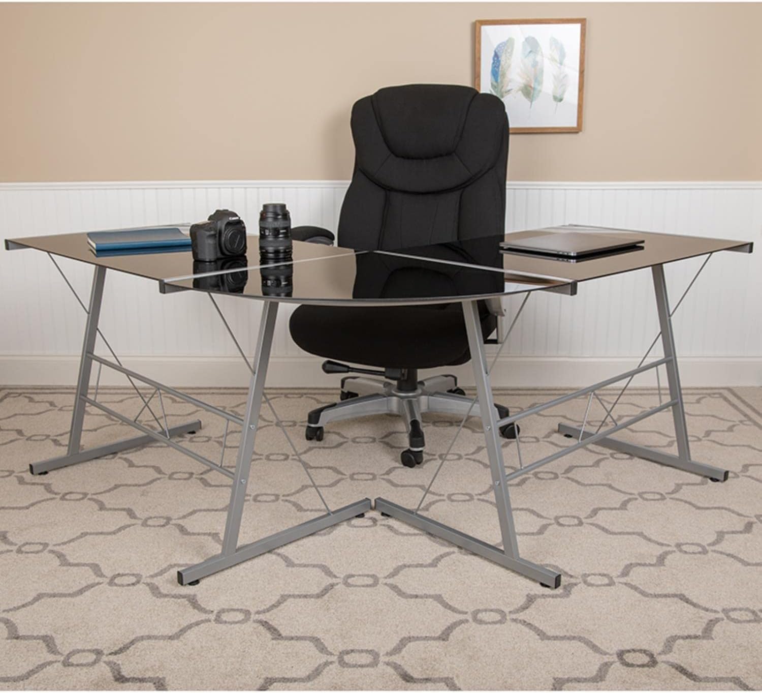 Flash Furniture Black Glass L-Shape Corner Computer Desk with Silver Metal Frame