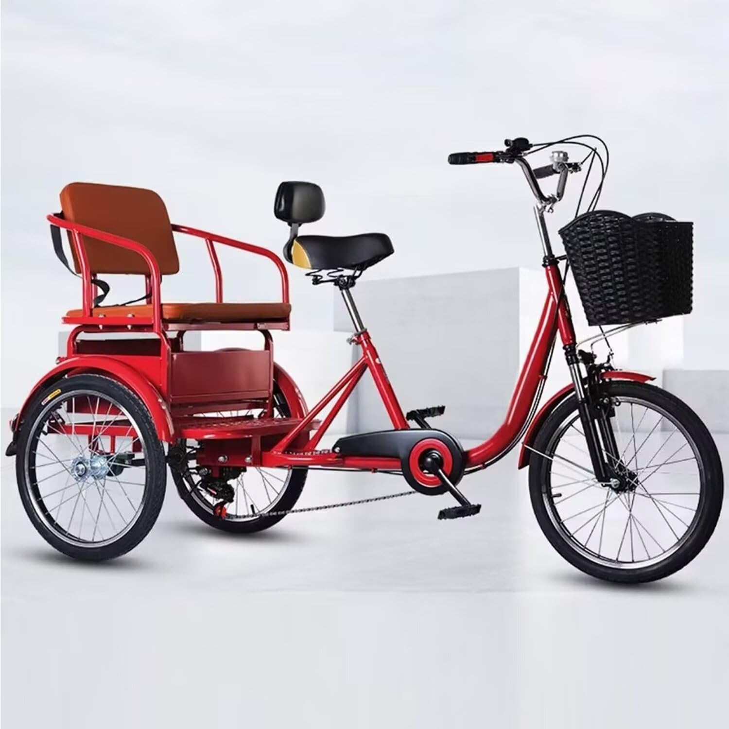 Elderly Tricycle Pedal with 6-speeds Shifting,Rickshaw Tricycle with Shock-Absorber Front Fork,Cruiser Trike for Hanging Out and Traveling,3 Wheels Bicycles with Back seat, red