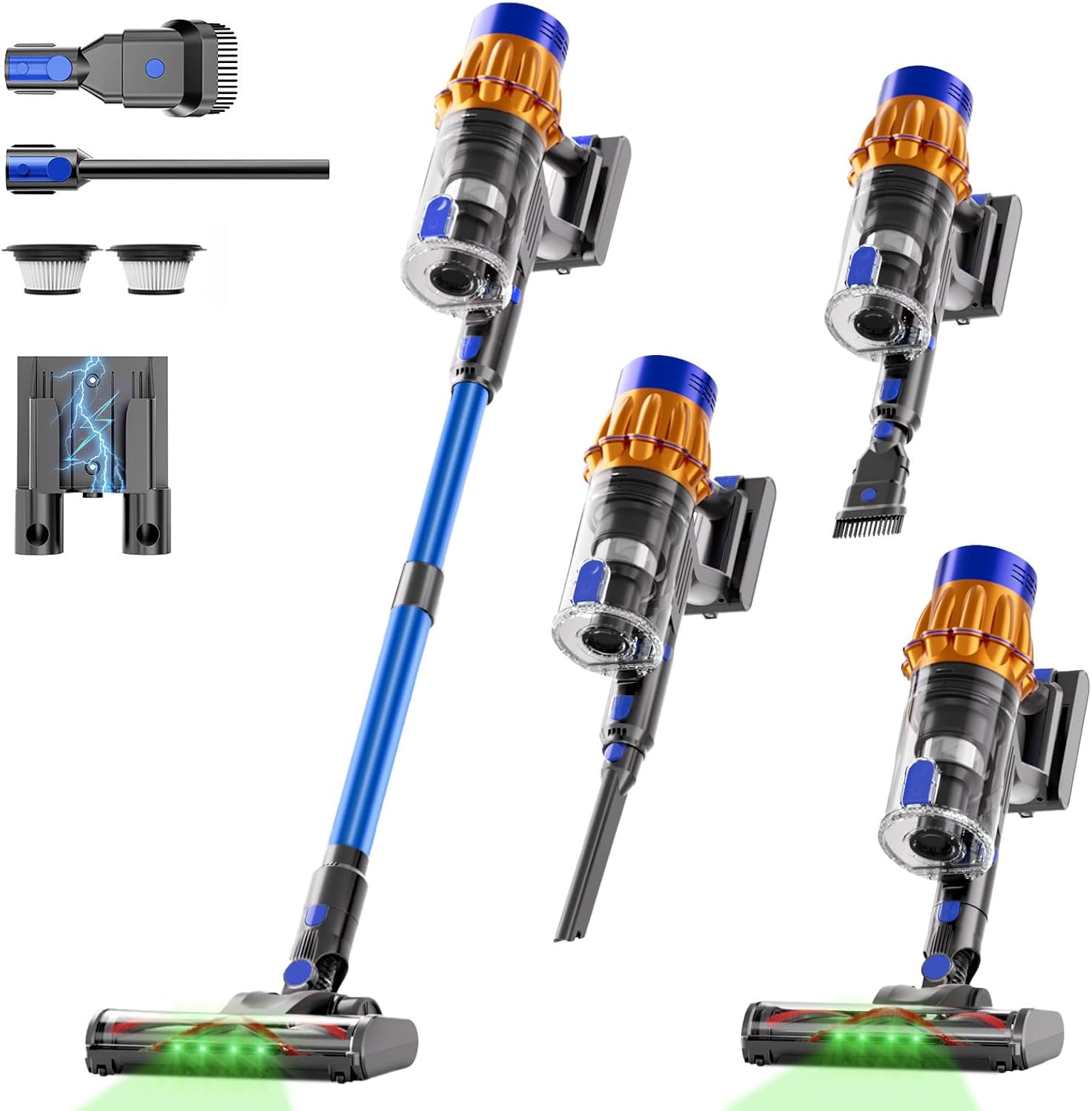 Cordless Vacuum Cleaner, 650W 48KPA UP to 60Min Vacuum Cleaners for Home, Self-Standing Stick Vacuum with Green Light Anti-Tangle, Vacuum Cordless Rechargeable for Pet Hair Carpet Hard Floors Blue