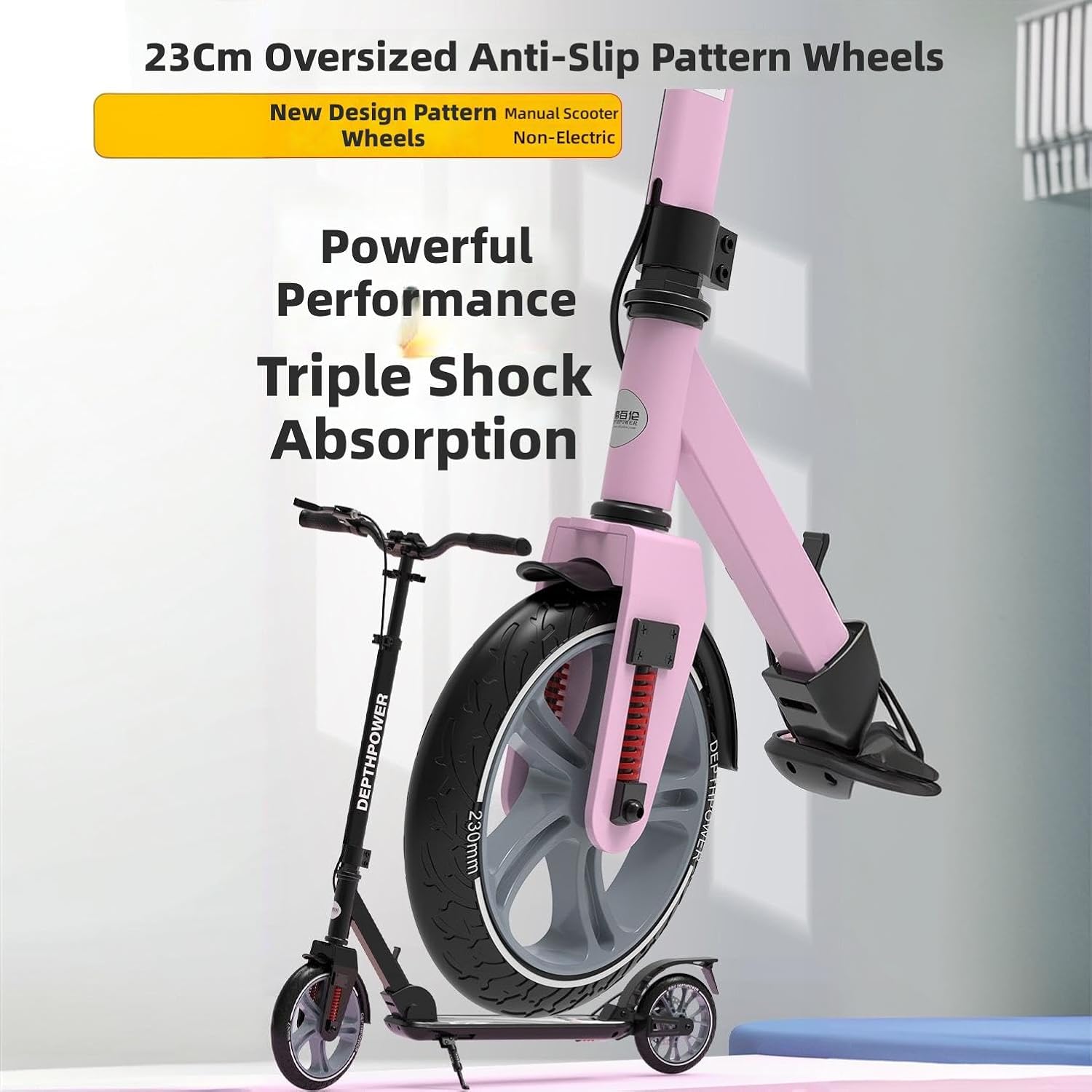 Big Wheels Kick Scooter, Folding Scooter for Ages 6, Lightweight Foldable Design, Adjustable Handlebars, Shock Absorption (Black, L105xW14.5cm, H:86-113cm)