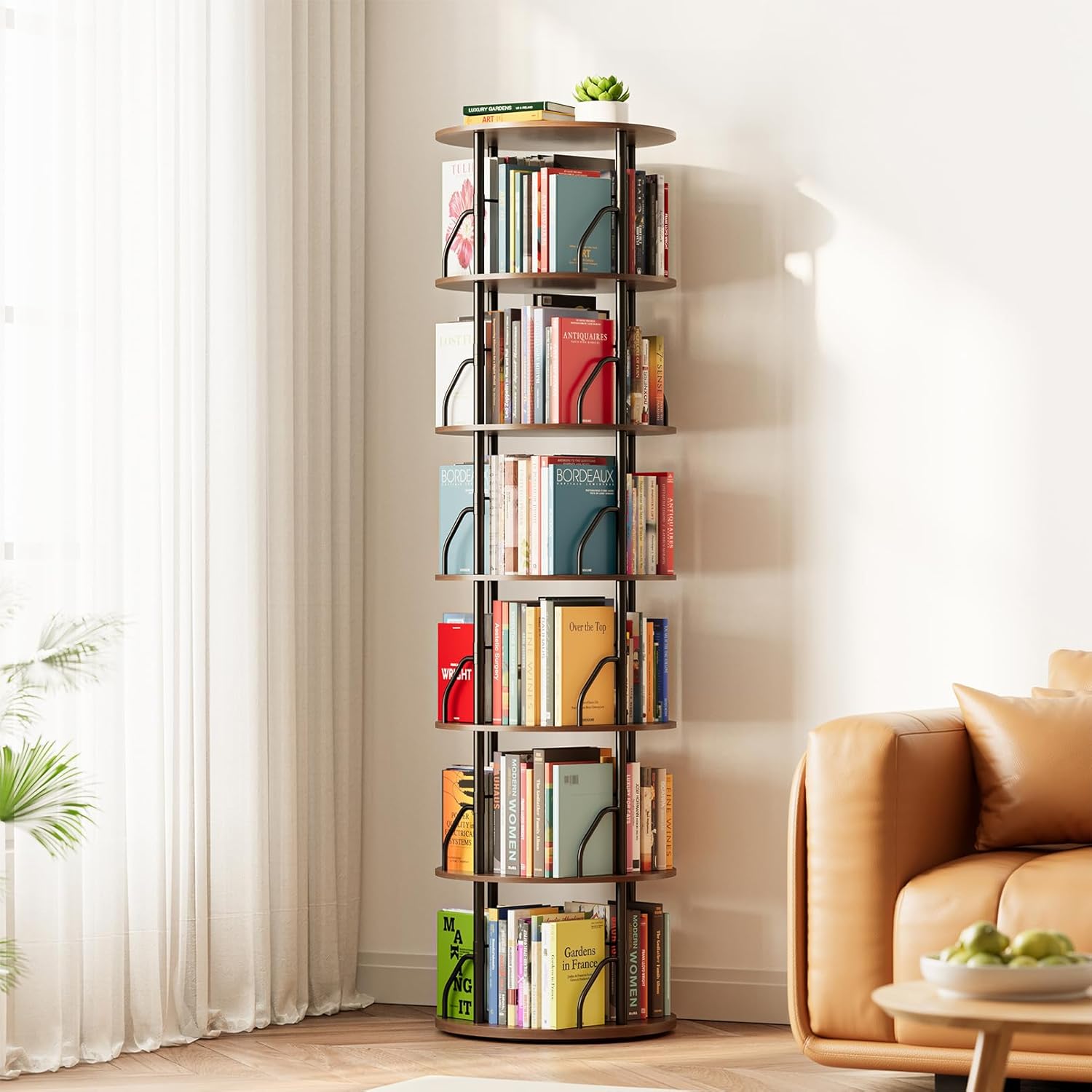 SpaceAid 6 Tier Rotating Bookshelf Tower, 360 Display Stackable Spinning Bookcase, Space Saving Revolving Round Book Shelf, Floor Standing Swivel Corner Organizer, Brown Wood