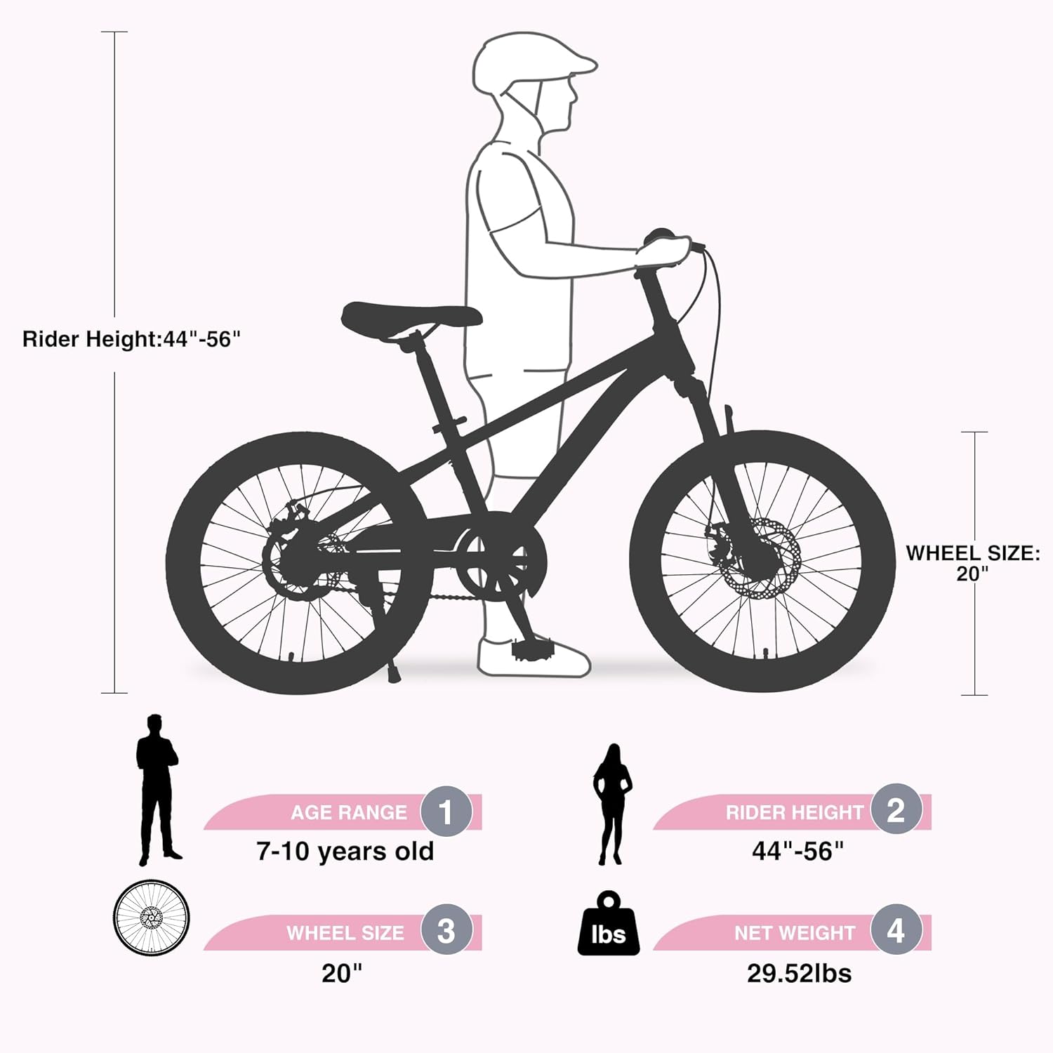 20 Inch Mountain Bike for Boys and Girls Age 7-10 Years - Durable Steel Frame, Double Disc Brake, Adjustable Saddle & Handlebar, Suspension Fork, Inflatable Tires