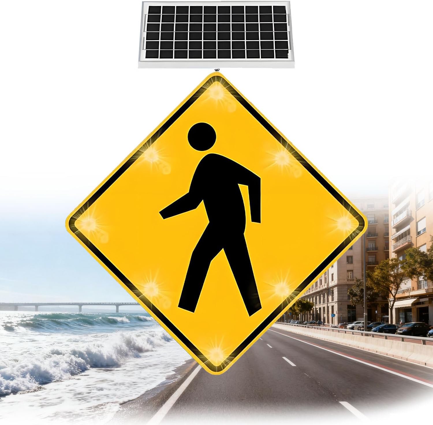2-Pack 32in Solar LED Flashing Pedestrian Sign - Bright Blinking Traffic Warning Sign for Streets, Parks, and Campuses - Enhance Safety and Visibility