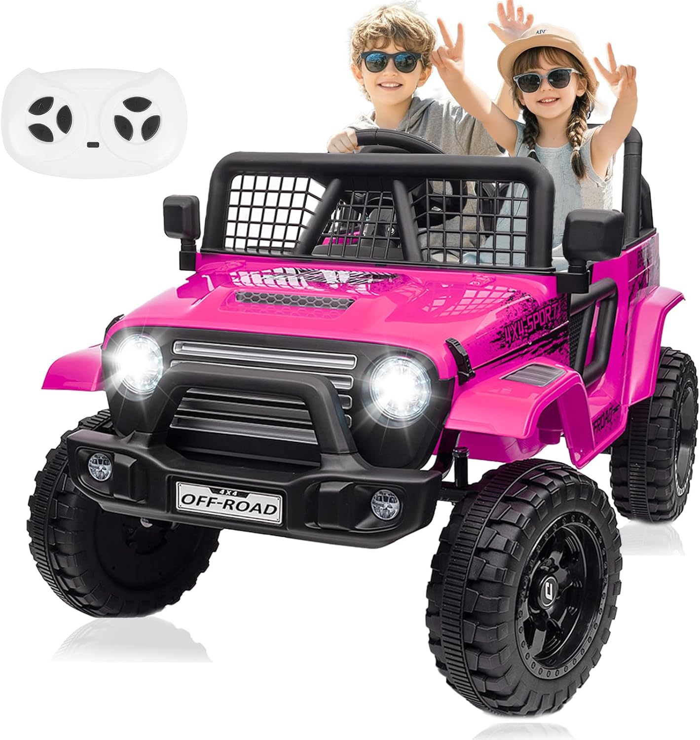 24V Ride on Car Truck w/Remote Control, VeezyGo 4WD Kids Electric Vehicle 2 Seater, 3 Speed, Bluetooth Music, Led Light, Storage Box, Battery Powered Wheels Truck for Boys, Girls, Birthday, Rose Red