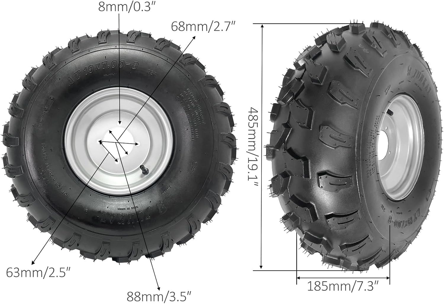 19x7-8 ATV Go Kart Tire & Rim Assembly, 4-Stud 88mm Bolt Pattern, Tubeless 8-Inch Wheel for Quad, UTV, Golf Cart, Buggy, Drift Trike, Mini Bike, Lawn Mower (4PCS)