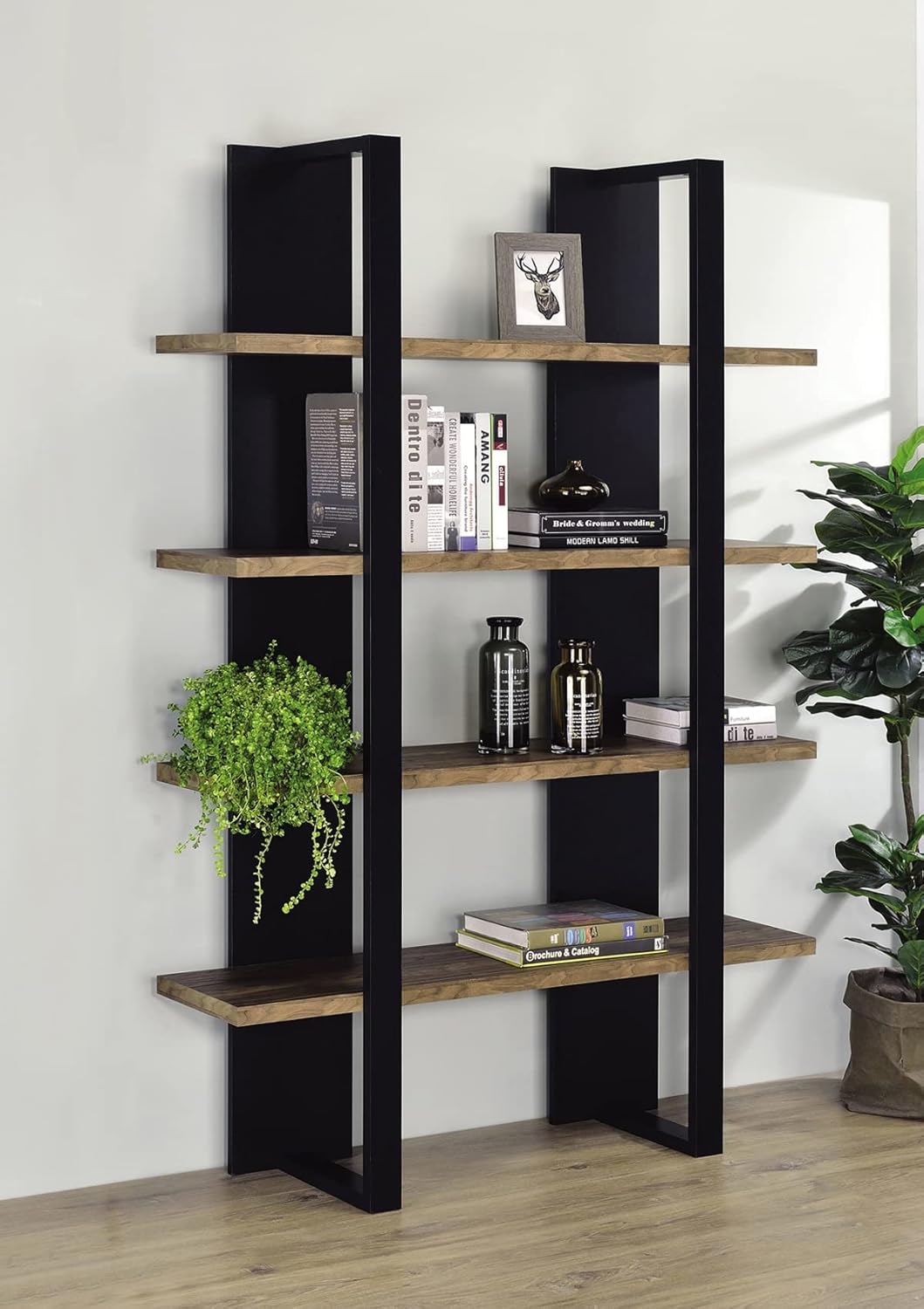 Simple Relax 4-Shelf Wood Bookcase in Aged Walnut and Black