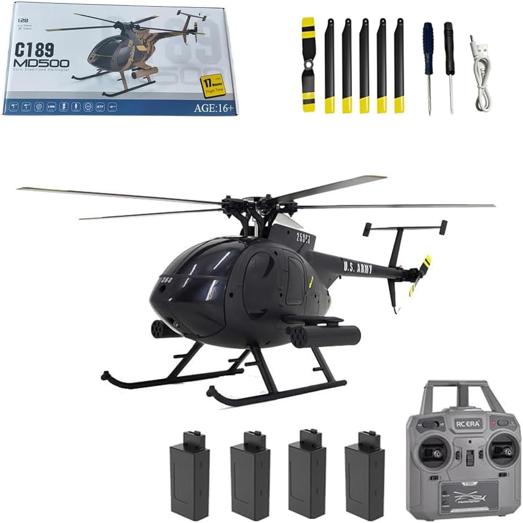 Hanll MD500 C189 Remote Control Helicopter for Adults, 1/28 Scale 2.4G 4CH Little Bird Single-Rotor with 6-Axis Gyro and Brushless Motor, RC RTF Altitude Hover Aircraft, 4 Batteries