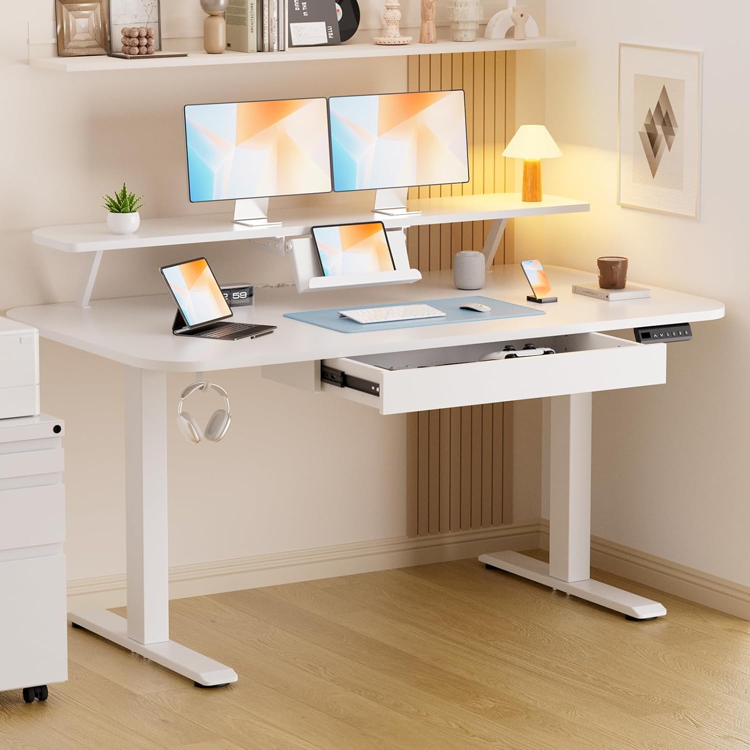 GTPLAYER Electric Standing Desk with Drawers, 55 x 24 Inches Height Adjustable Computer Desk with Monitor Stand, Laptop Stand, Sit Stand up Desk with Memory Preset for Home, Office, White