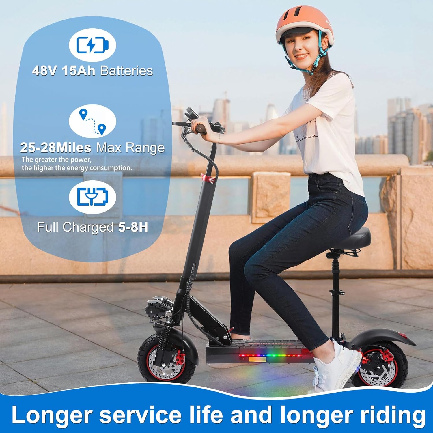 Adult Off-Road Electric Scooter with Seat - 800W Motor, Fast Electric Scooters 25 MPH, 28 Mile Long Range, 10” All-Terrain Tires, Foldable E-Scooter with Removable Seat,for Outdoor Riding & Commuting