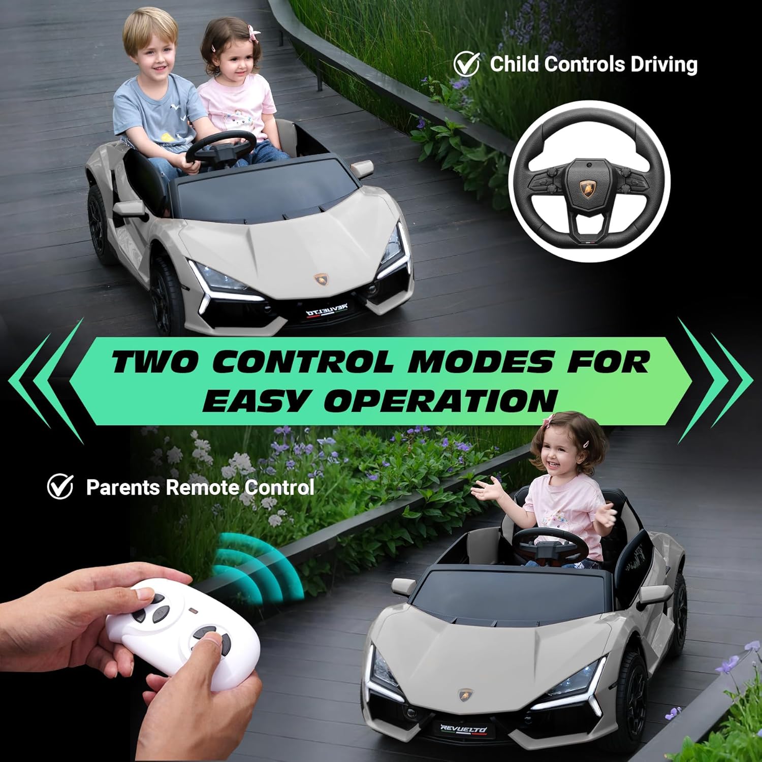 Oryxearth 24V Ride on Car with Scissor Door, Electric Toy Car with 2.4G Remote Control, Power Wheels for Child w/Bluetooth, Music, Story, 2 Safety Belts and LED Lights, 2 Speeds, Up to 132lbs, Grey