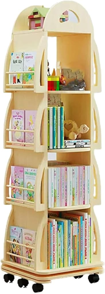 SYALEO Solid Wood Rotating Bookshelf Tower 360° Display Revolving Bookcase Spinning Bookshelf Tower Floor Standing Storage Rack for Home Office, 5 Tier, With Wheels