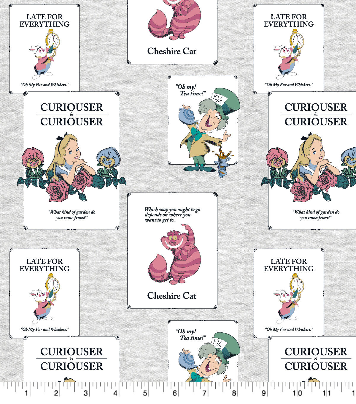 Disney Alice In Wonderland Classic Vintage Cards on Gray Cotton Fabric