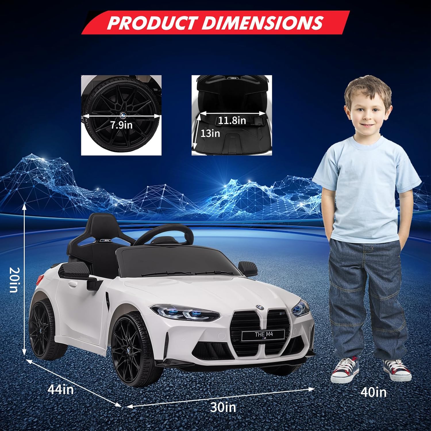 12V Kids Ride On Toy Car，Licensed BMW M4, Electric Kids Ride-On Car Powered Vehicle Car for Boys and Girls, W/USB, Mp3, Bluetooth, Led Light,Parents Remote Control, 3 Speeds, for Boys and Girls-White