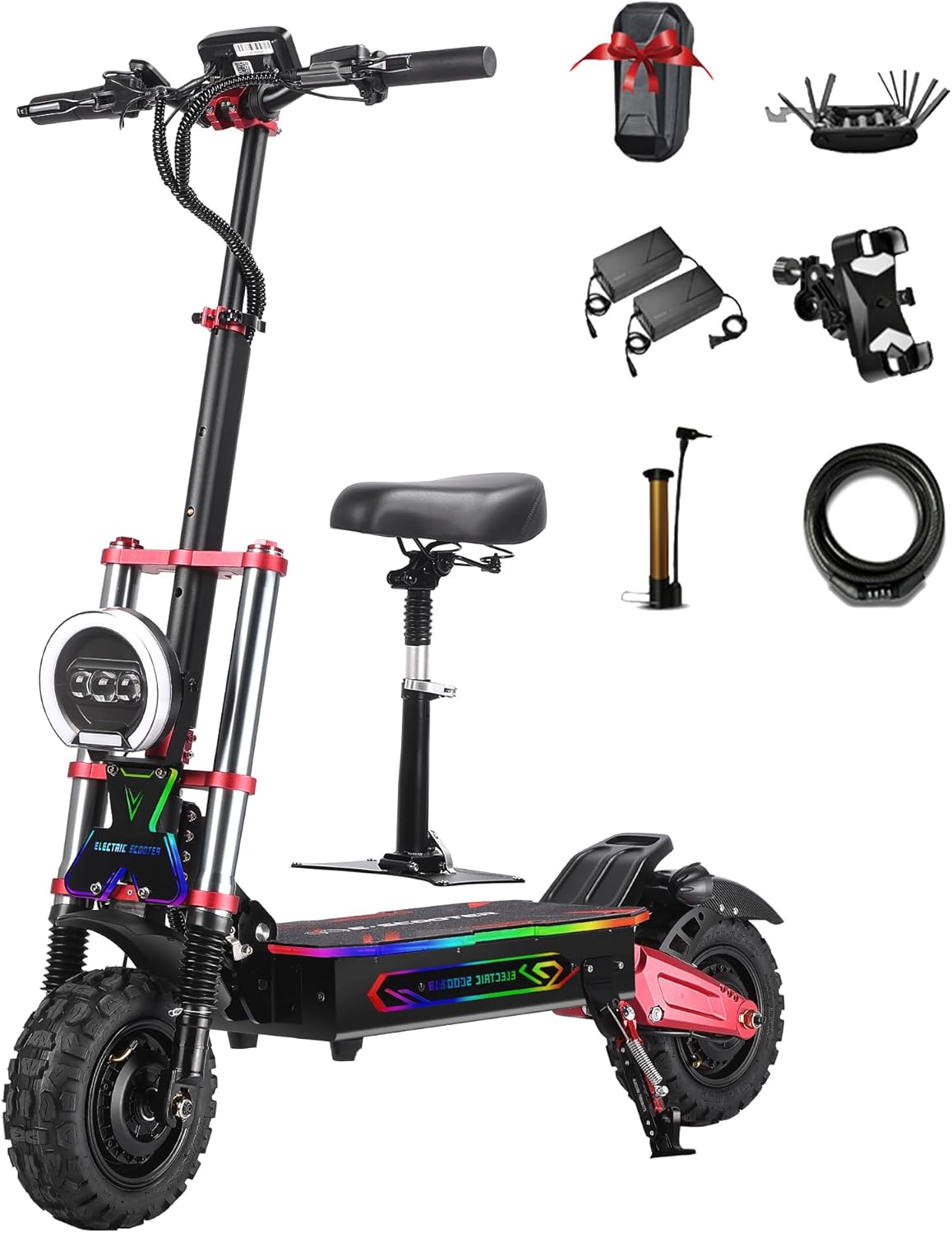 75 Miles Range Electric Scooter for Adults, 55MPH max Speed，60V38Ah Battery,6000w Dual Motor keyless Unlock RGB Lights 11