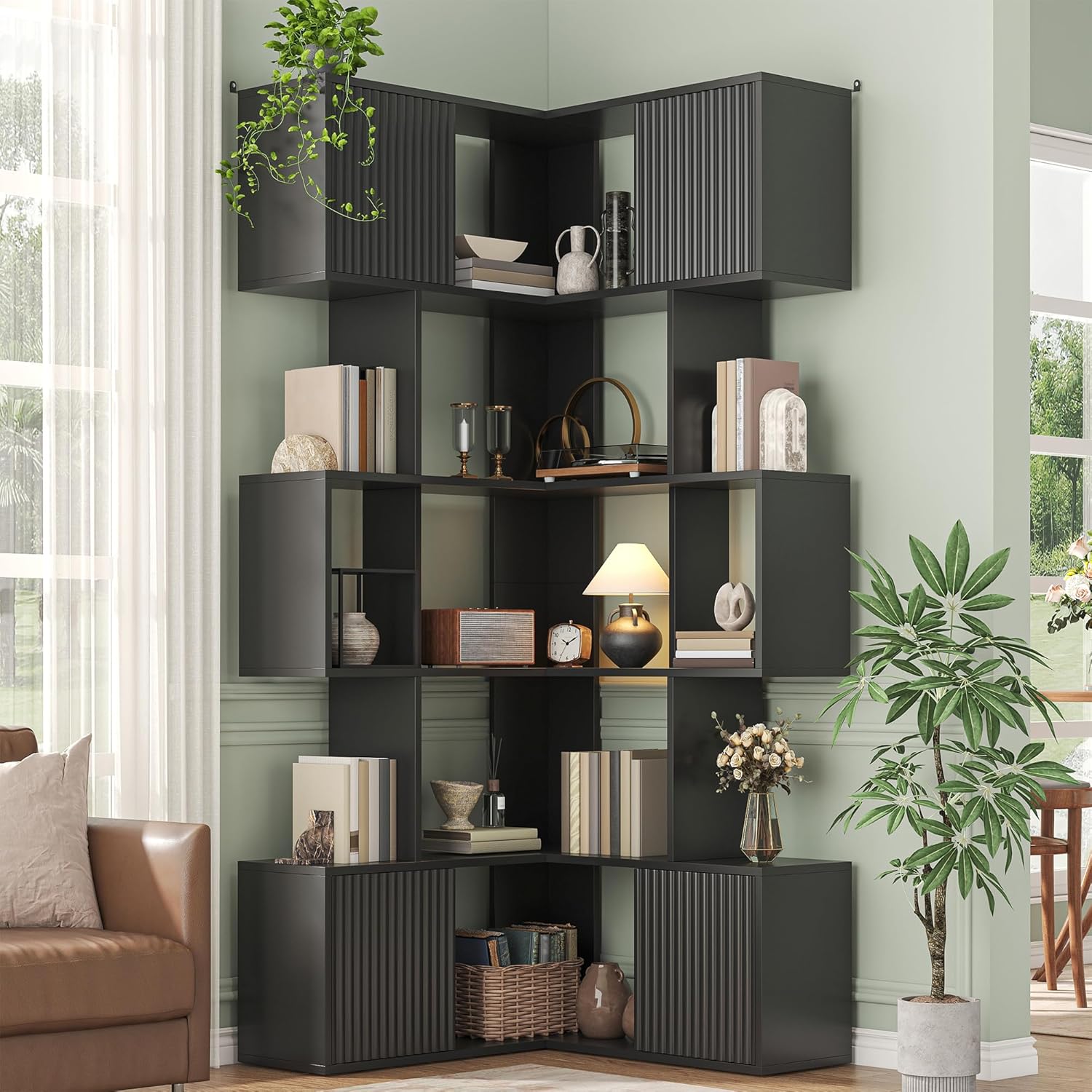 Semoic 71 inch Corner Bookshelf, 5 Tier Storage Bookcase, L-Shaped Cube Bookshelf, Wood Modern Book Shelf Organizer for Living Room/Home Office/Bedroom Display Unit, Black