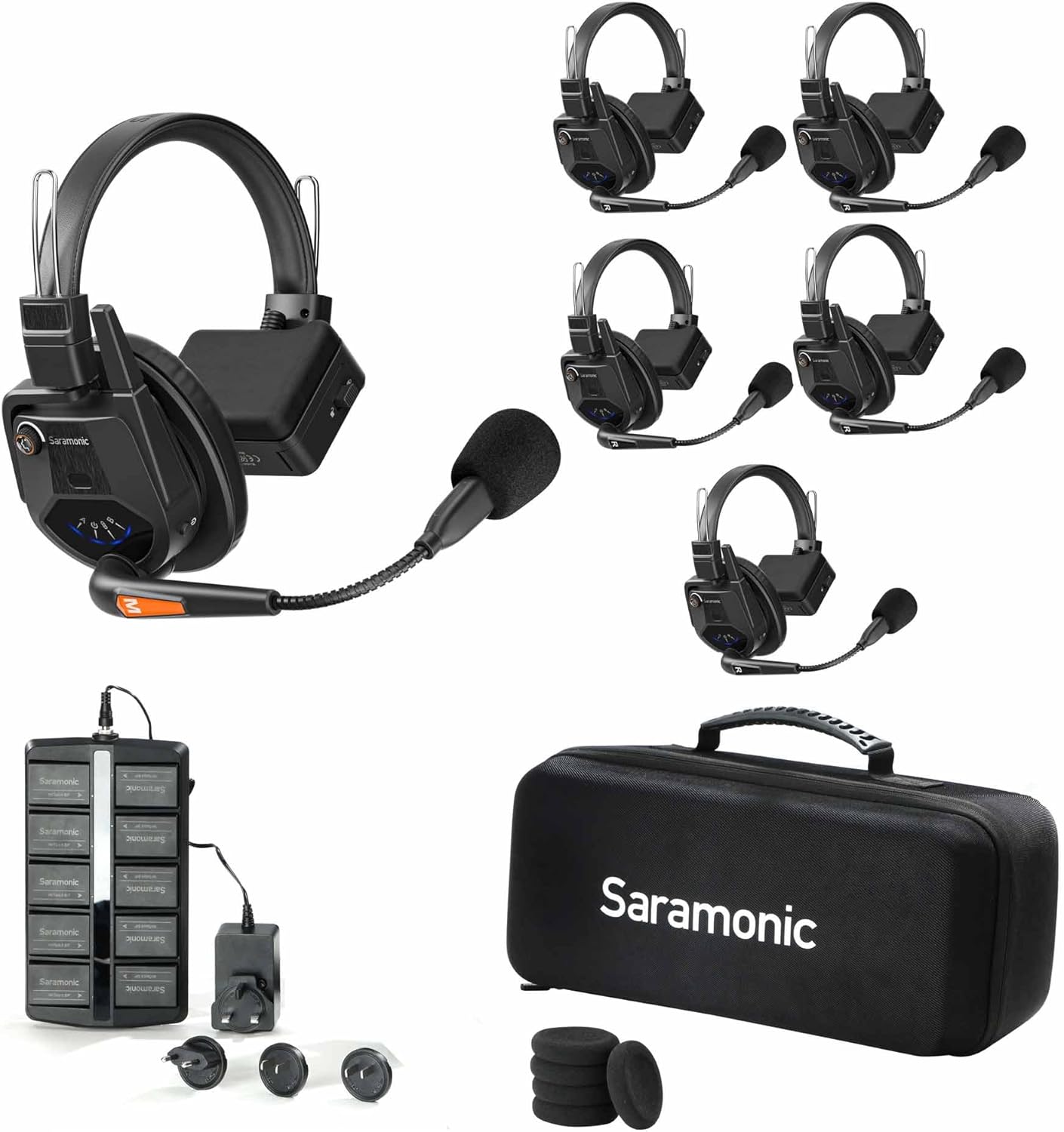 Saramonic WiTalk9-5S 5-Person 1.9GHz Full-Duplex Wireless Intercom System with 500m Range, expandable to 30 Users, 10 Batteries, 10-Bay Charger & Case