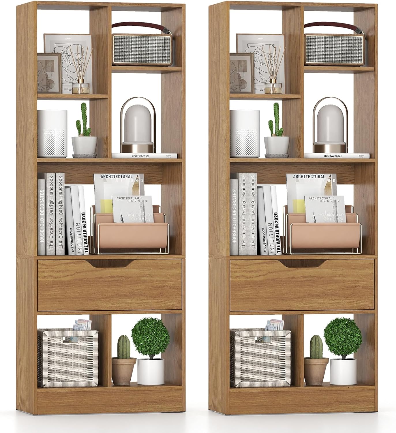 GOFLAME 5-Tier Bookcase with Drawer Set of 2, 51” Tall Bookshelf with 7 Open Cubes, Wooden, Modern, Freestanding Storage Organizer Display Book Shelf for Living Room, Study, Home Office, Natural