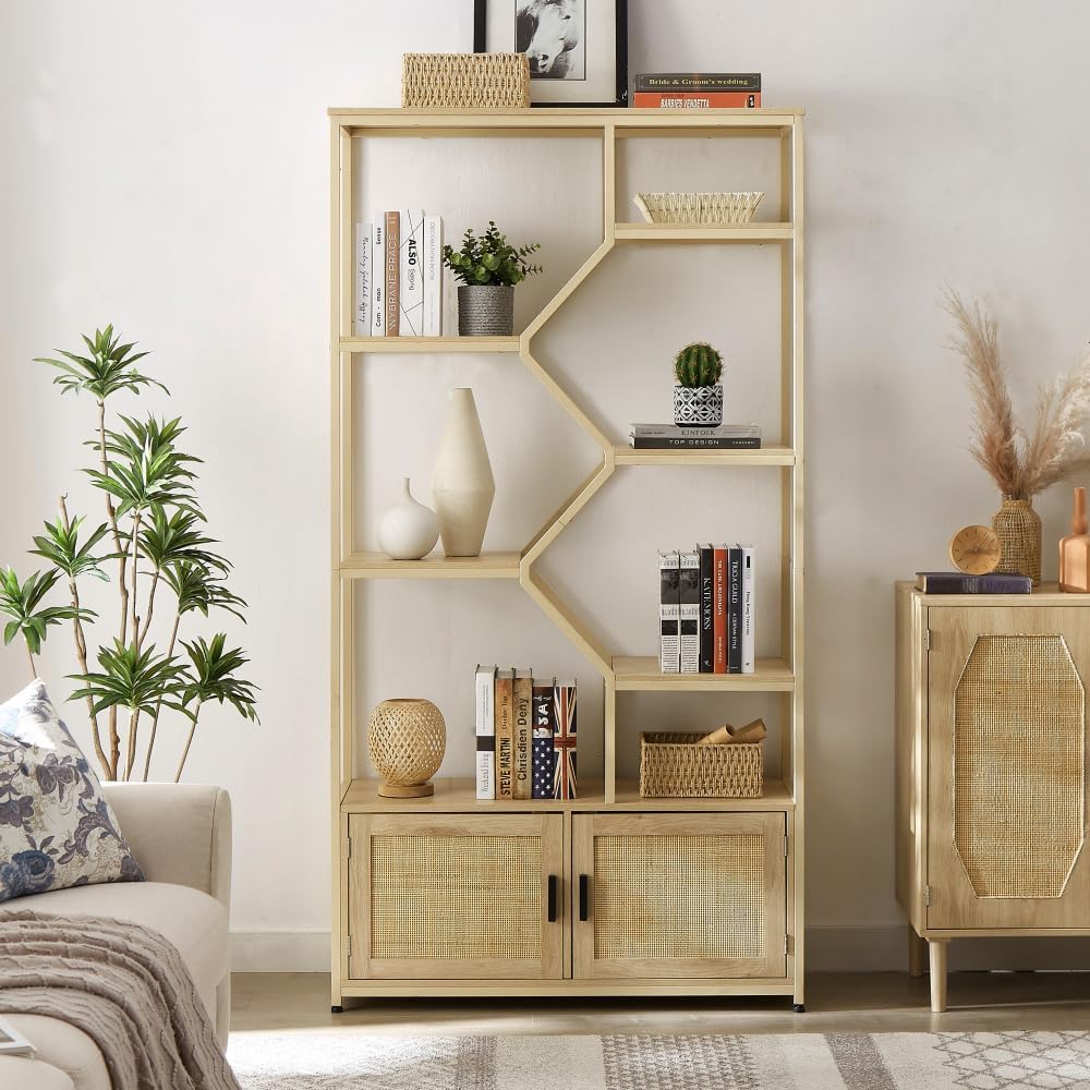 Bookshelf 7 Tiers Bookcases Storage Rack with Cabinet for Living Room Home Office, Natural (Natural + Particle Board)