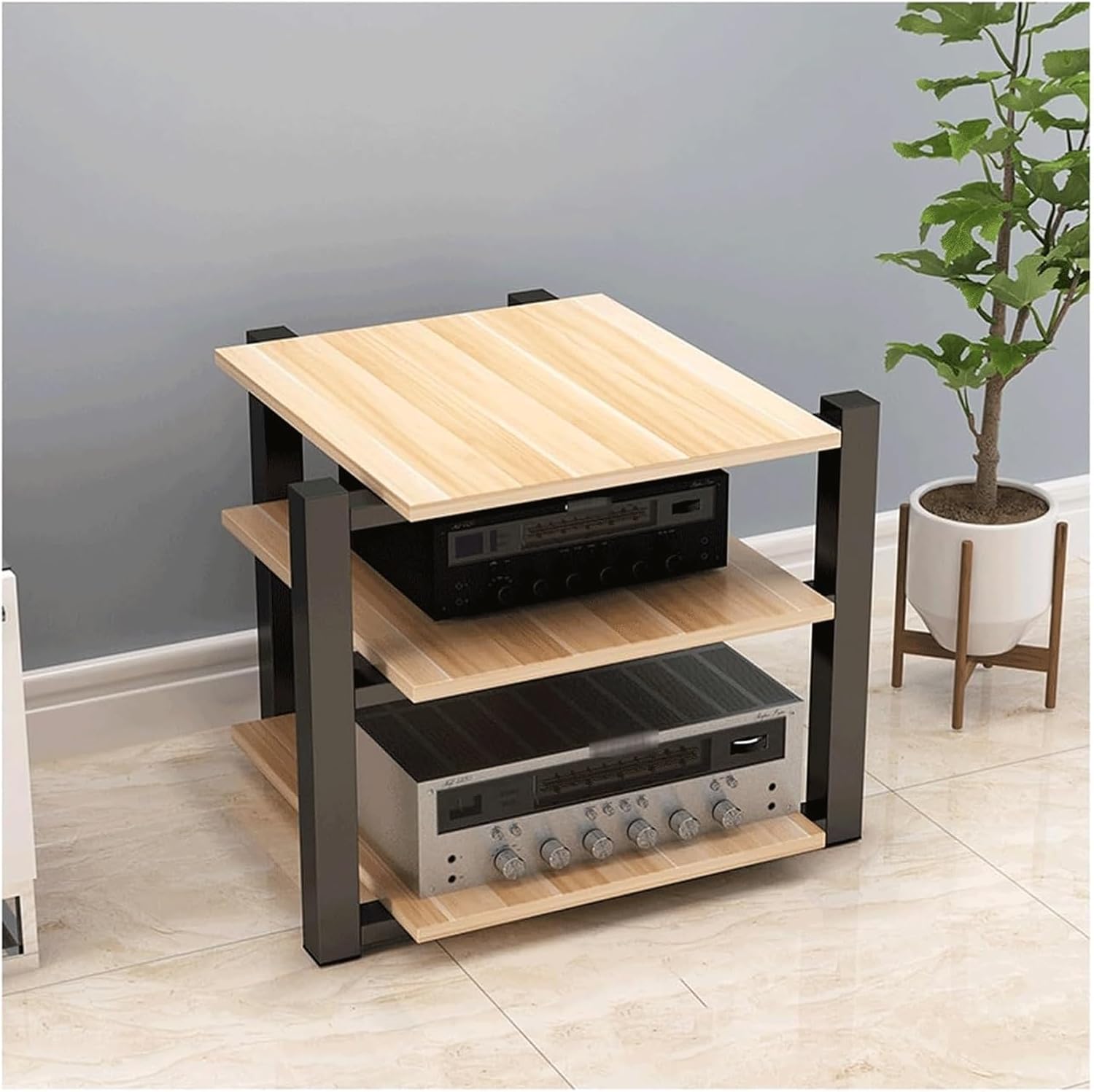 PZEOB AV Media StandThickened Plate Wooden Stand Audio-Video Shelving Stable Steel Frame Stereo Rack Open Stereo Component Cabinet(Natural