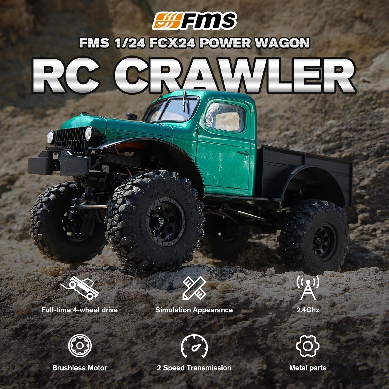 EAZYRC FMS FCX24 Power Wagon 1/24 RC Crawler, Brushless 4x4 RTR Rock Crawler with Metal Suspension, 2-Speed Transmission, PC Hard Body – RC Car for Adults and Gift