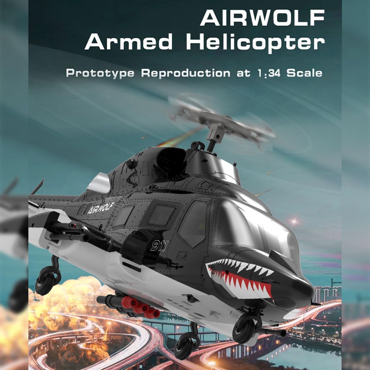 1/34 Scale AW-911 Air-Wolf RC Helicopter, 2.4G 9CH Flybarless Airplanewith 6G/3D Stunt Mode and GPS Positioning (RTF Version/Mode 1/Mode 2)