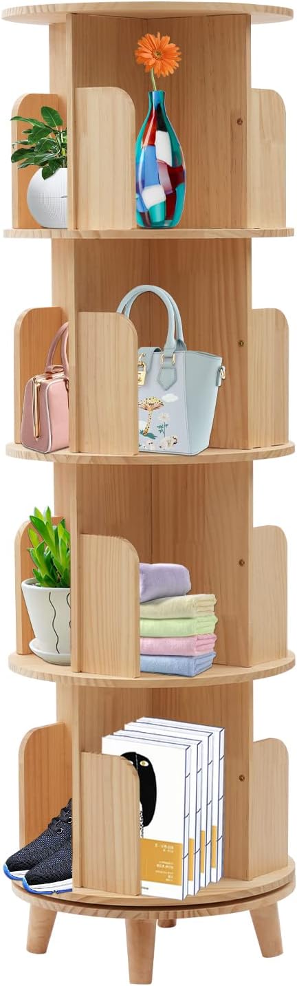 Wood Rotating Bookshelf Tower - 3/4/6 Tier Revolving Bookcase for Small Spaces | Kids Book Storage Rack and Organizer (6-Tier)