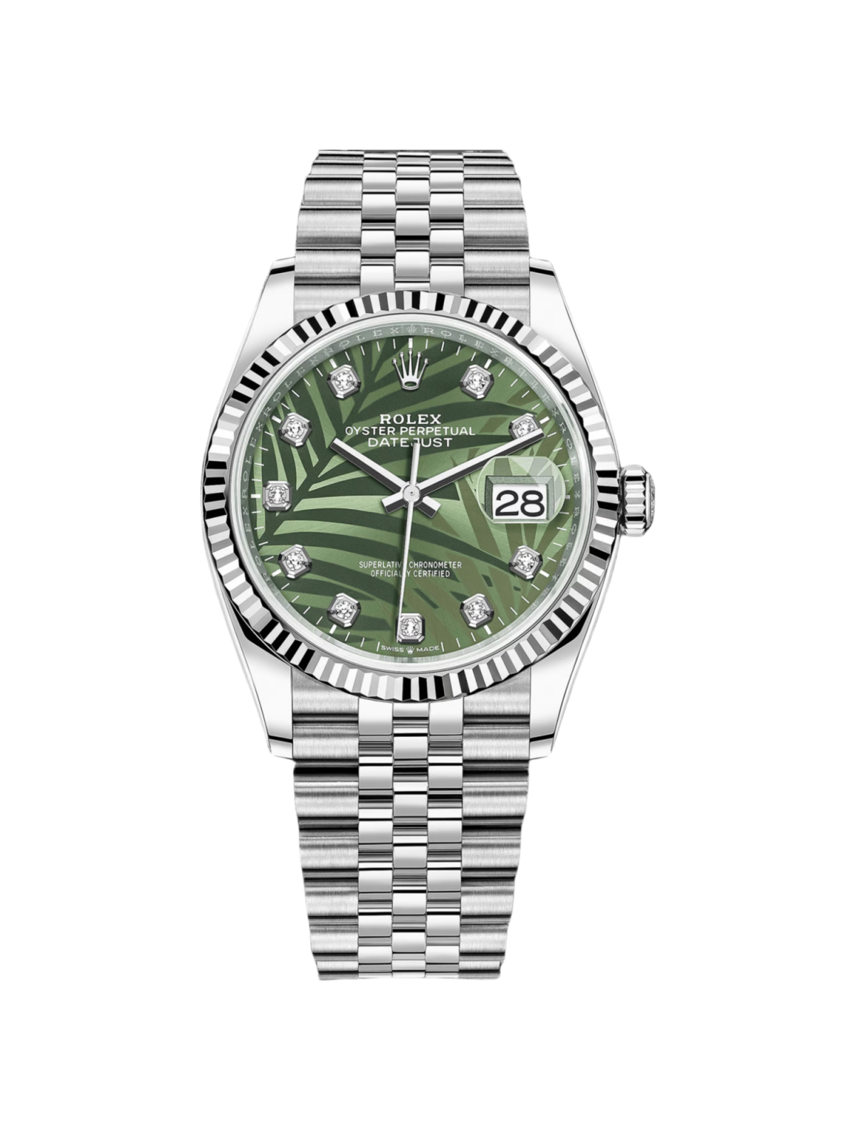 【Super Clone】ROLEX  Datejust 36mm 126234 Olive Green Palm Motif Diamond Dial Jubilee Stainless Steel Watch