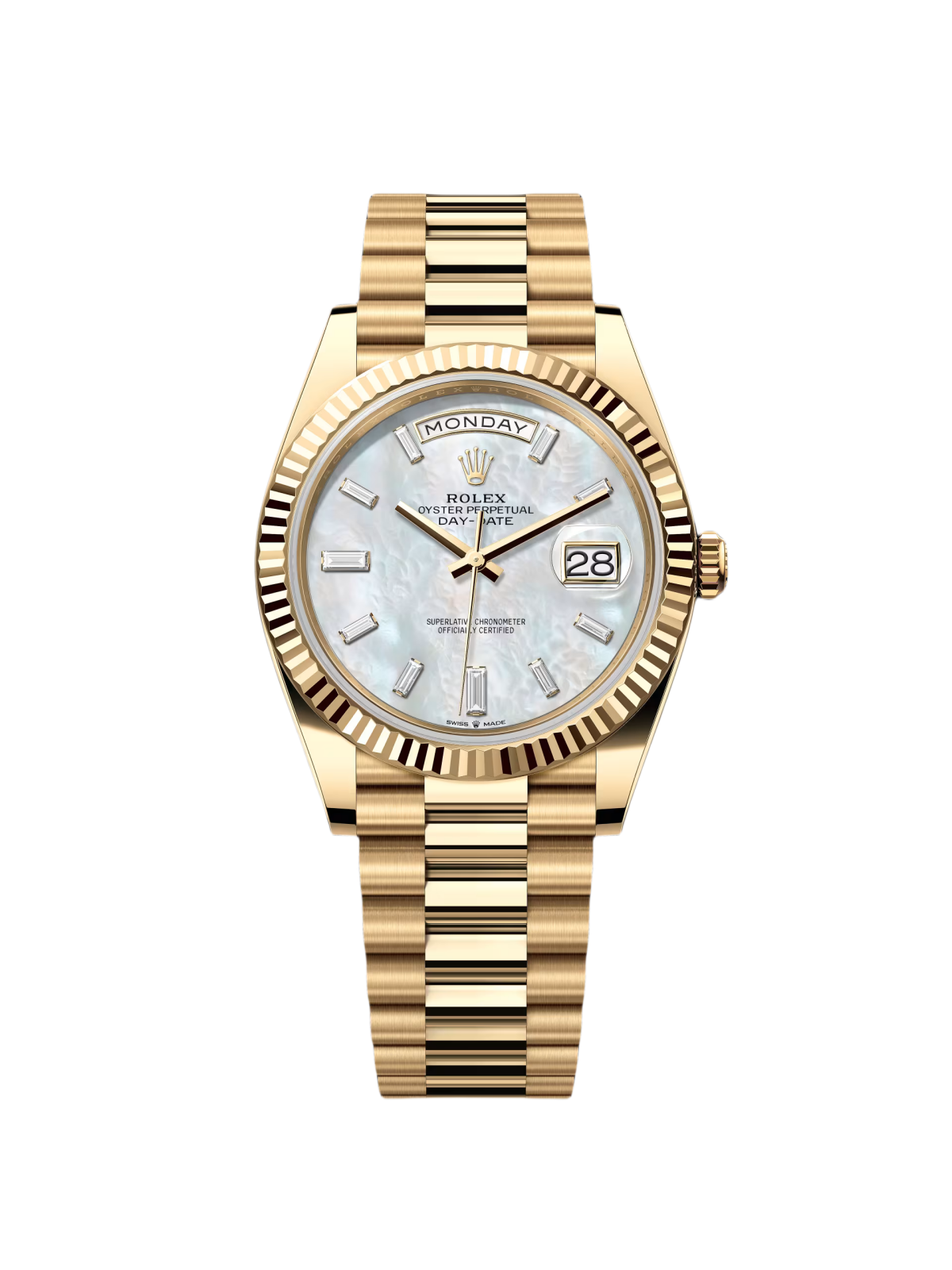 【Super Clone】ROLEX Day-Date 40mm Yellow Gold President  Mother of Pearl Diamond Baguette Dial - 228238