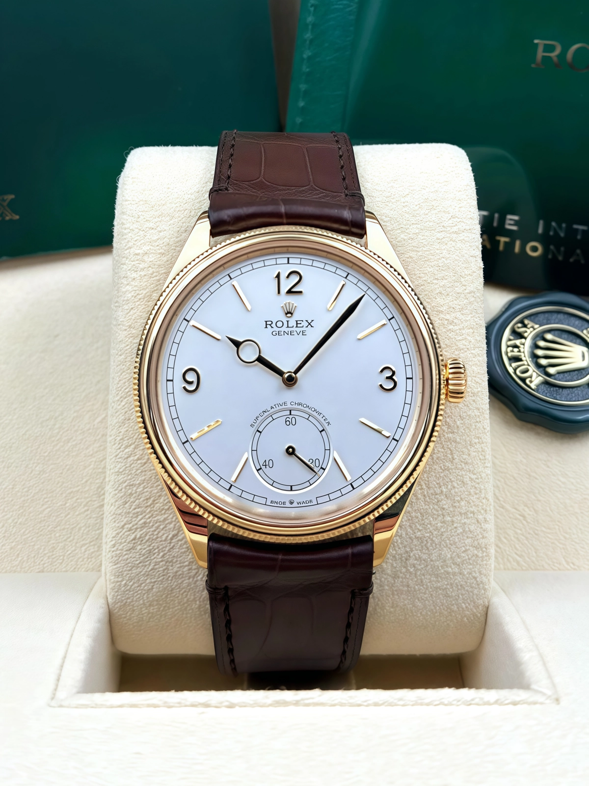 【Super Clone】ROLEX 1908 Yellow Gold White Dial Brown Alligator Strap - 52508-0006
