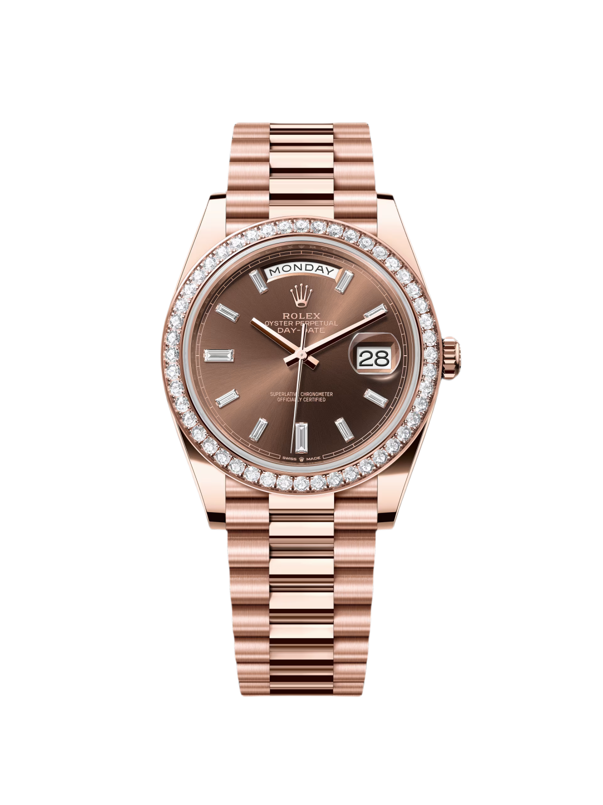 【Super Clone】ROLEX  Day-Date 40mm Chocolate Baguette Diamond Dial Diamond Bezel Dial Watch 228345RBR