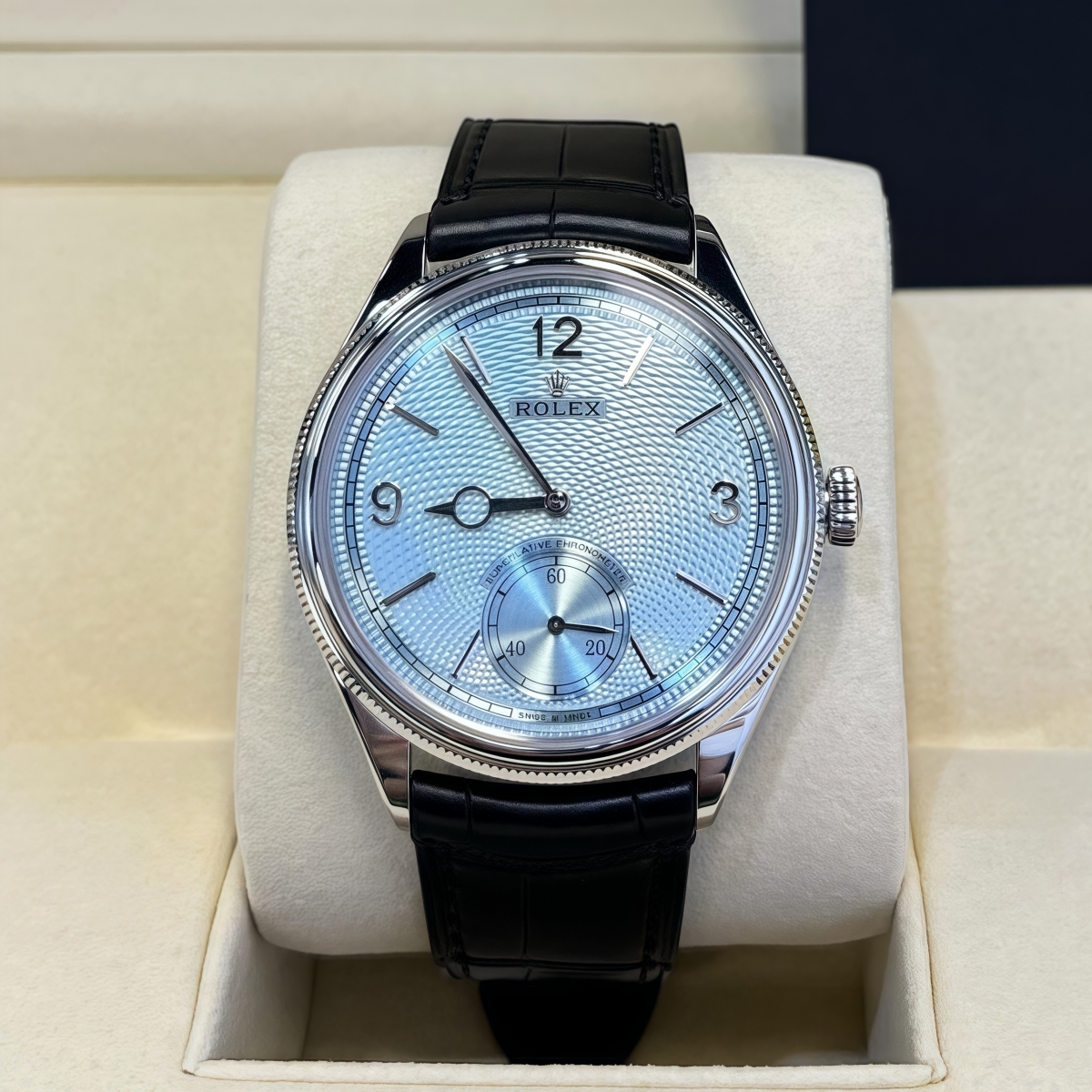 【Super Clone】ROLEX 1908 Platinum Ice Blue Dial Black Alligator Strap - 52506-0003