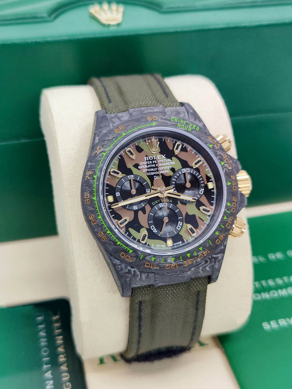 Rolex Cosmograph Daytona DIW Carbon Military Green Super Clone Swiss Replica Watch | Custom Made Limited Edition |