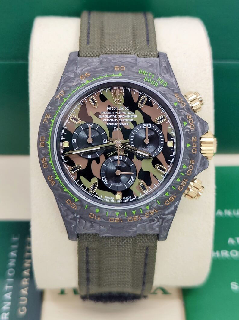 Rolex Cosmograph Daytona DIW Carbon Military Green Super Clone Swiss Replica Watch | Custom Made Limited Edition |