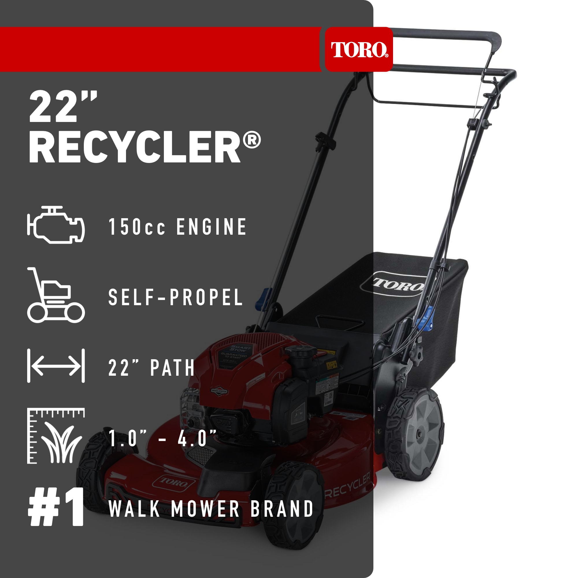 Toro Recycler with Smart Stow 22-in Gas Self-propelled lawn mower with 150-cc Briggs and Stratton Engine