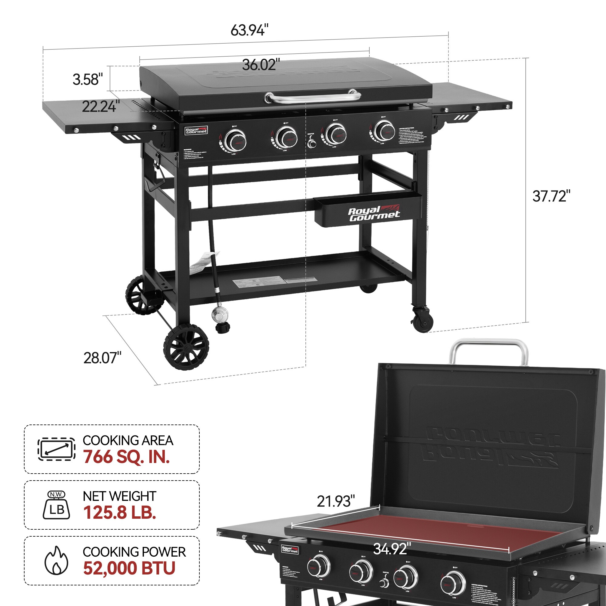 Royal Gourmet 35'' Griddle with Hood 4 -Burner Liquid propane Flat Top Grill