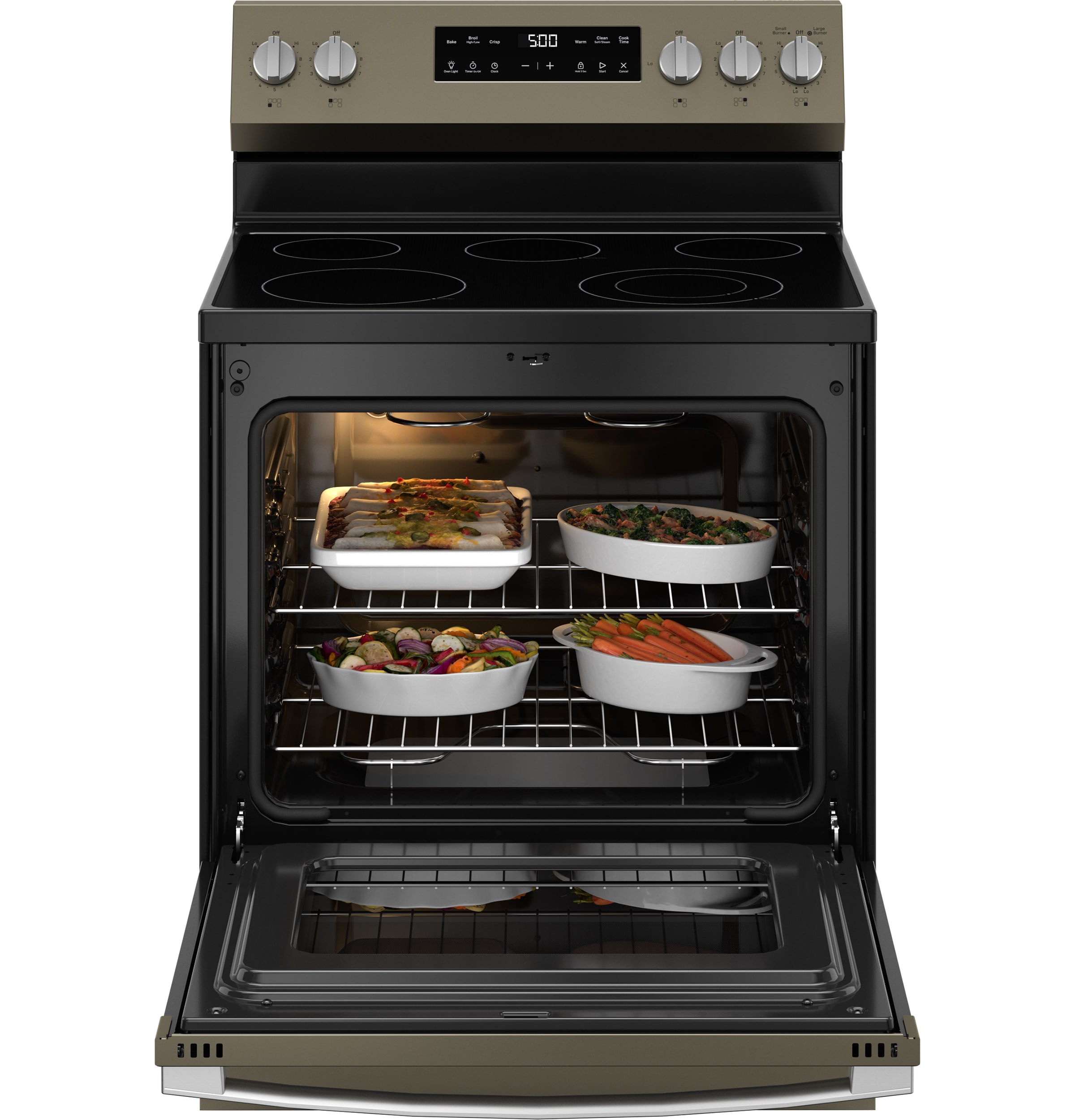 GE Crisp Mode 30-in Glass Top 5 burners 5.3-cu ft Freestanding Electric Range ( Slate )