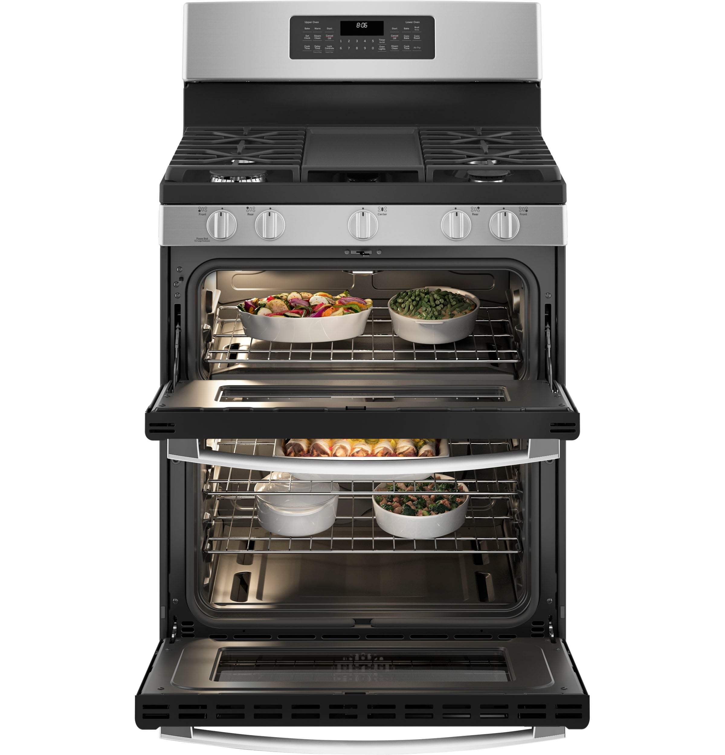 GE 30-in 5 burners 4.3-cu ft / 2.5-cu ft Air Fry Convection Oven Freestanding Double Oven Gas Range ( Stainless Steel )