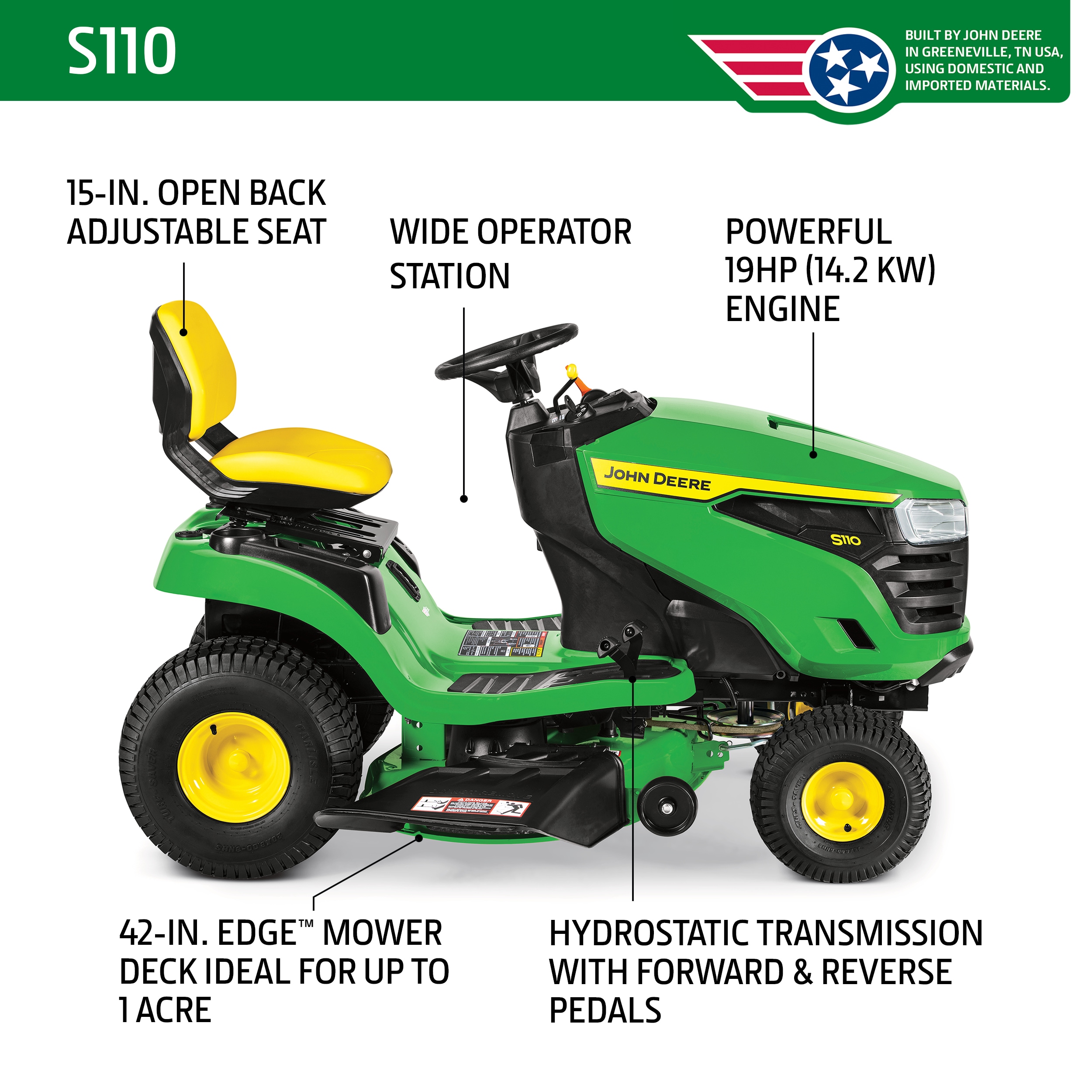 John Deere S110 42-in 19 -HP Single cylinder Gas Riding lawn mower